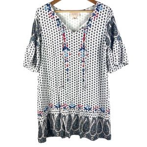 Skies Are Blue Tunic Dress Women’s L White Embroidered Bell Sleeve Boho Casual